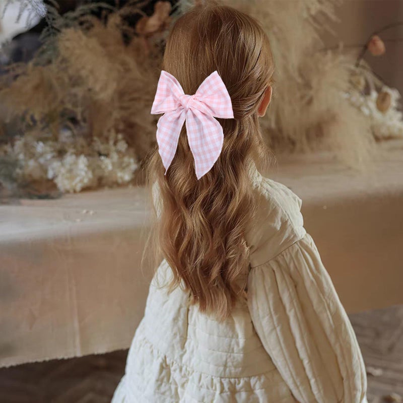 ميروكش مشبكان للشعر بنقشة مربعات الجاموس الوردية، عبوة من قطعتين، 5.5 بوصة، مبطنان بالقطن، مزينان بشريط مربعات، مشبك شعر على شكل فيونكة، مناسبان لعيد الحب، مناسبان للفتيات والسيدات، زي عيد الفصح، إكسسوار تزييني، هدية عيد ميلاد - Image 3